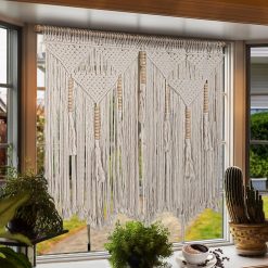 Large Macrame Wall Hanging 43.3" × 39.4" Boho Tapestry Woven Wall Decor- 
Cotton Tassel Macrame Curtain Beige Chic Bohemian Wall Art for Home Living 
Room Bedroom Dorm Wedding (Includes Hanging Rod)